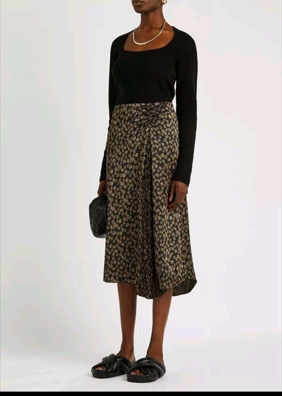 Vince Skirt 10 Black Zinnia Floral Satin Midi Ruched Asymmetric Pleated NWT